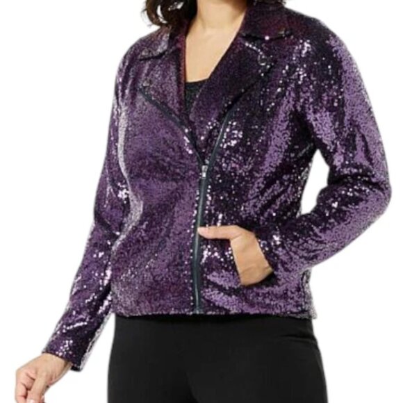 ✨ Colleen Lopez Purple Sequin Moto Jacket – Size XL – NWT ✨ - Picture 6 of 11